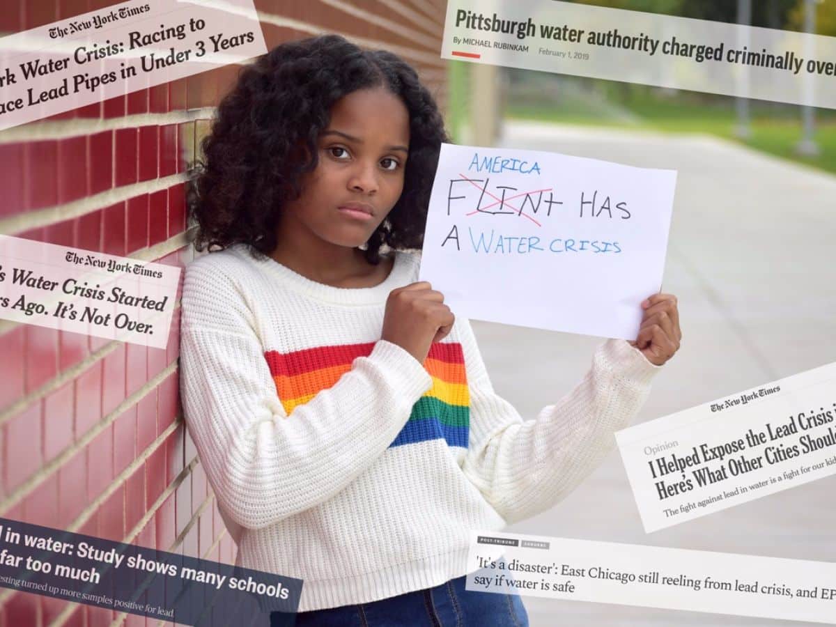 young Black teen holding sign saying "America Has a Water Problem"